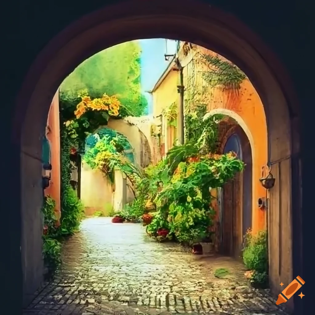 charming Italian courtyard with archway and flowers