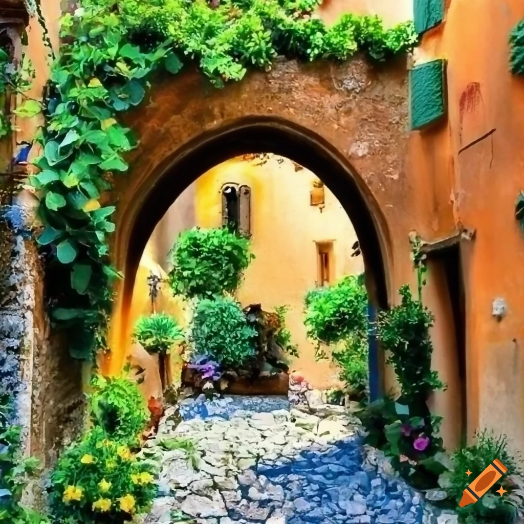 Italian courtyard with flowers and archway