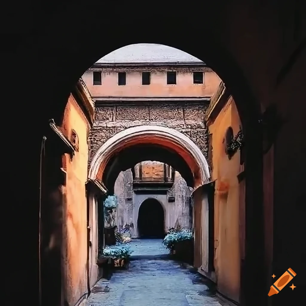 Florentine courtyard with archway and flowers