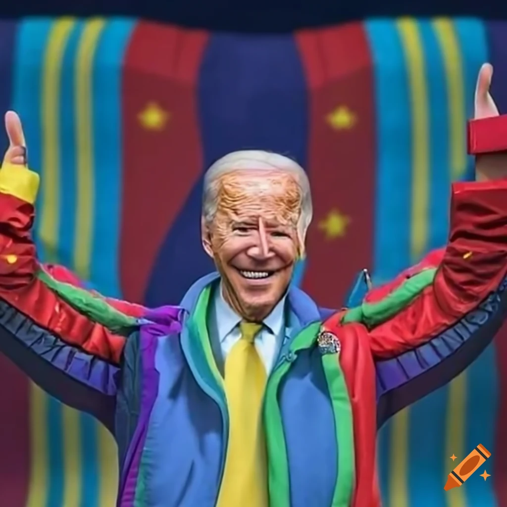 Joe Biden wearing rainbow jacket and posing with national flags