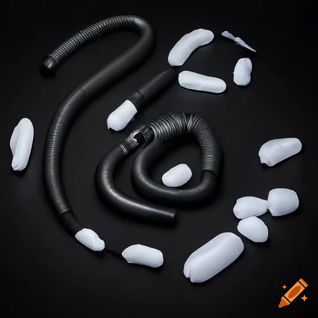 art installation of white inflatable bags in black liquid