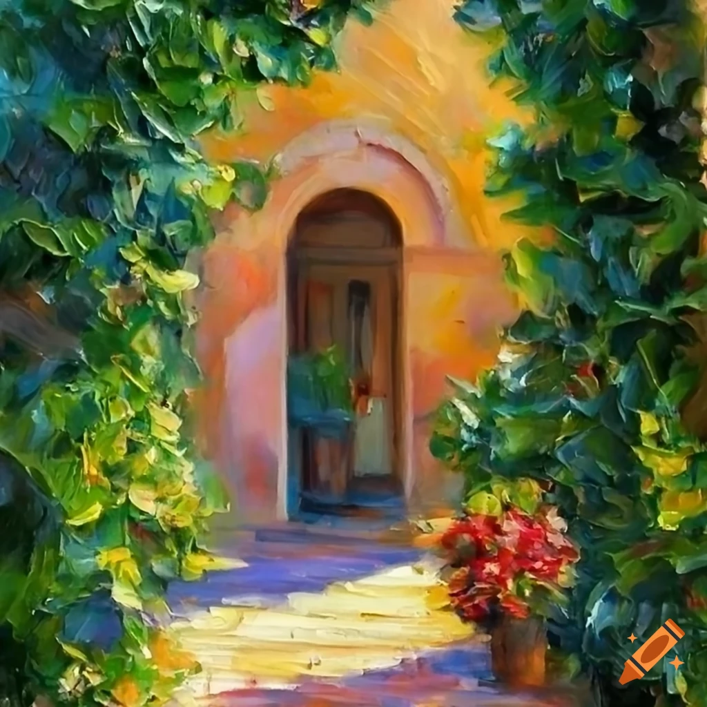 impressionist oil painting of a small Italian house with a courtyard