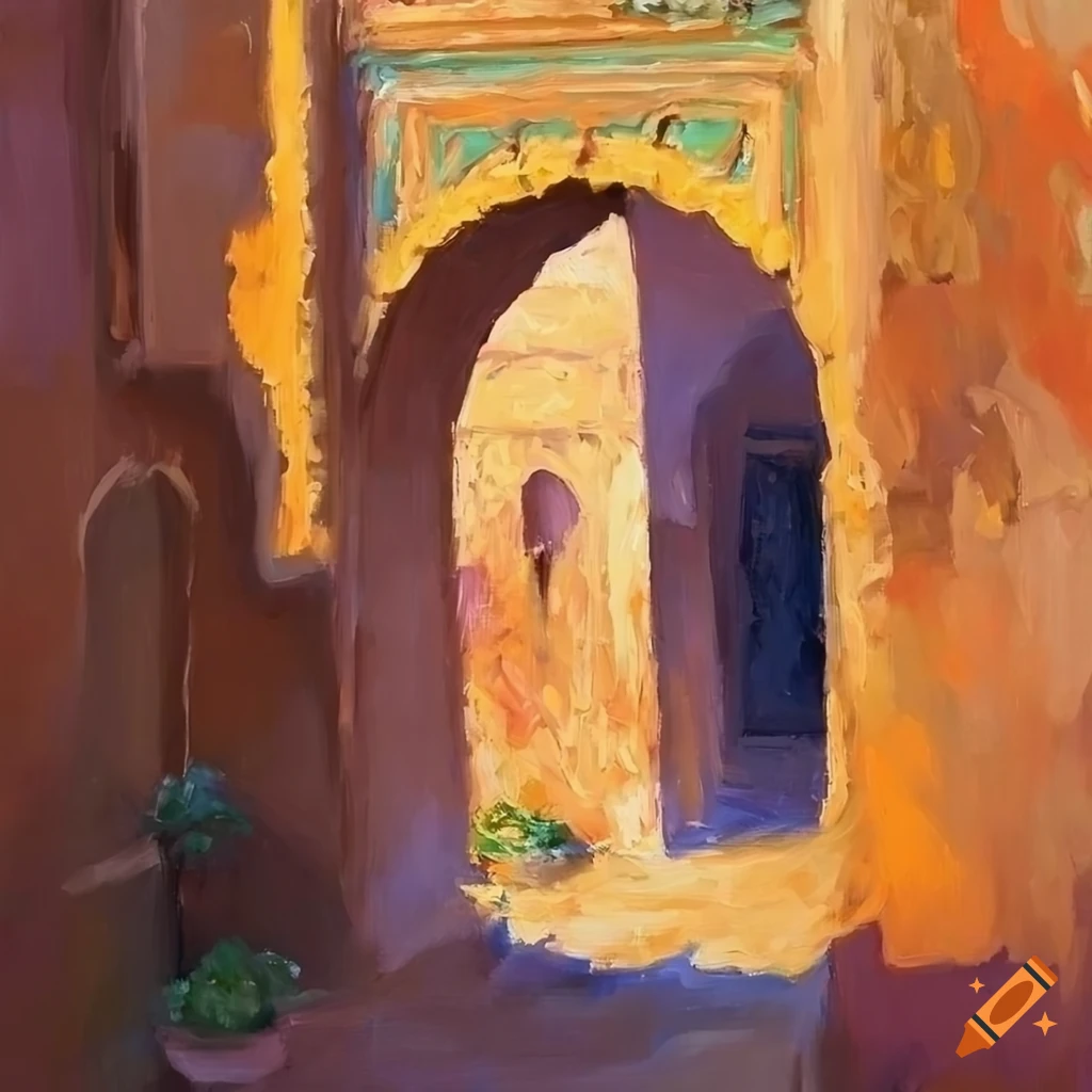 oil painting of a Moroccan house with a courtyard and vibrant colors