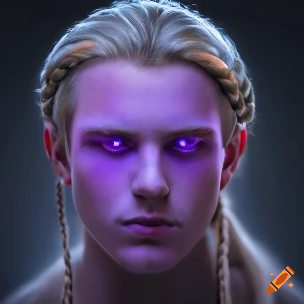 Portrait of a young man with glowing purple eyes and braided hair on ...