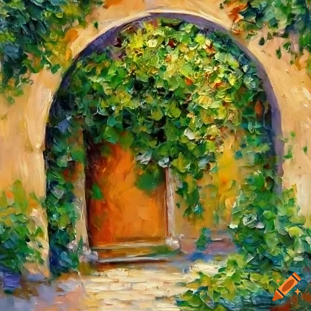 impressionist oil painting of a small Italian house with a courtyard