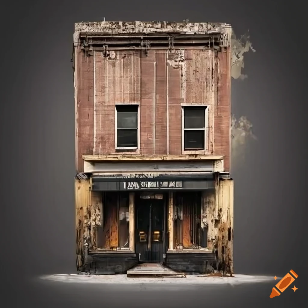realistic depiction of a weathered storefront in a gritty urban environment