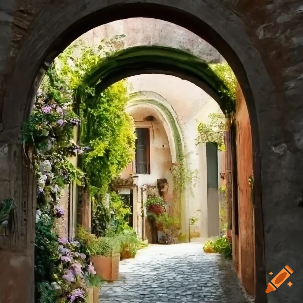 Italian courtyard with flowers and archway