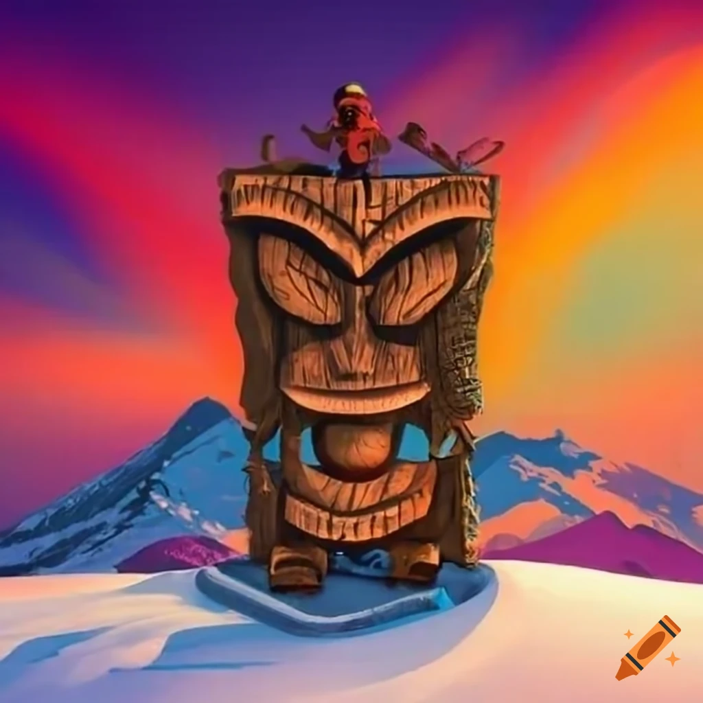 snowboarding tiki sculpture