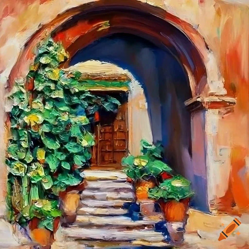impressionist oil painting of a small Italian house with a courtyard