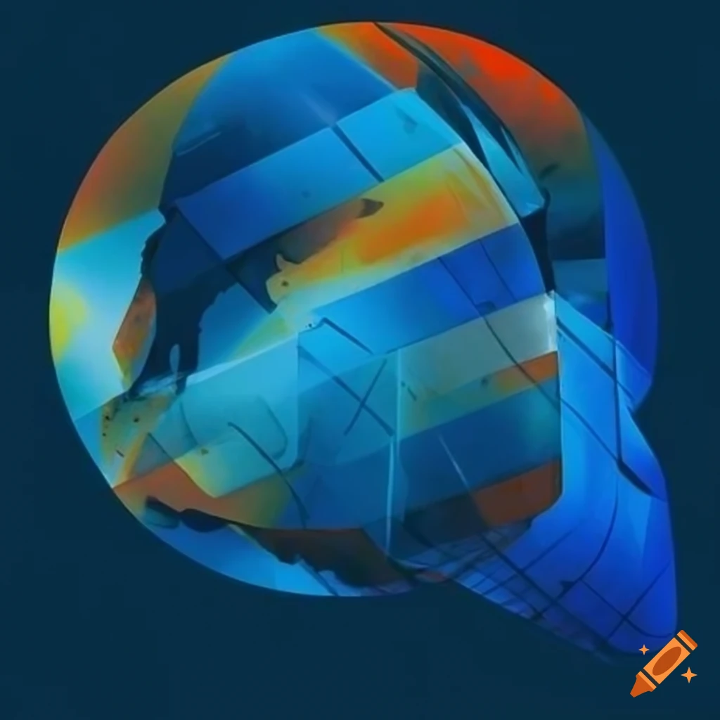 pop art close-up of blue, grey, orange, and white satellite
