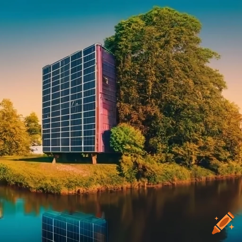 building with solar panels overlooking a river and surrounded by trees