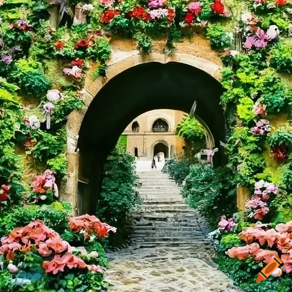 Florentine courtyard with archway and flowers