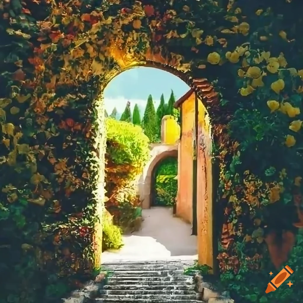 charming Italian courtyard with archway and flowers