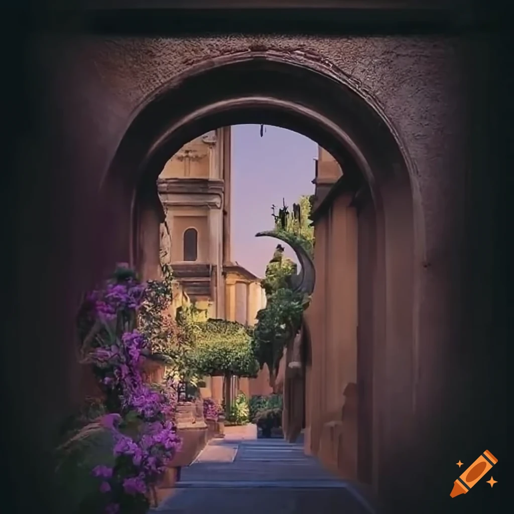 Florentine courtyard with archway and flowers