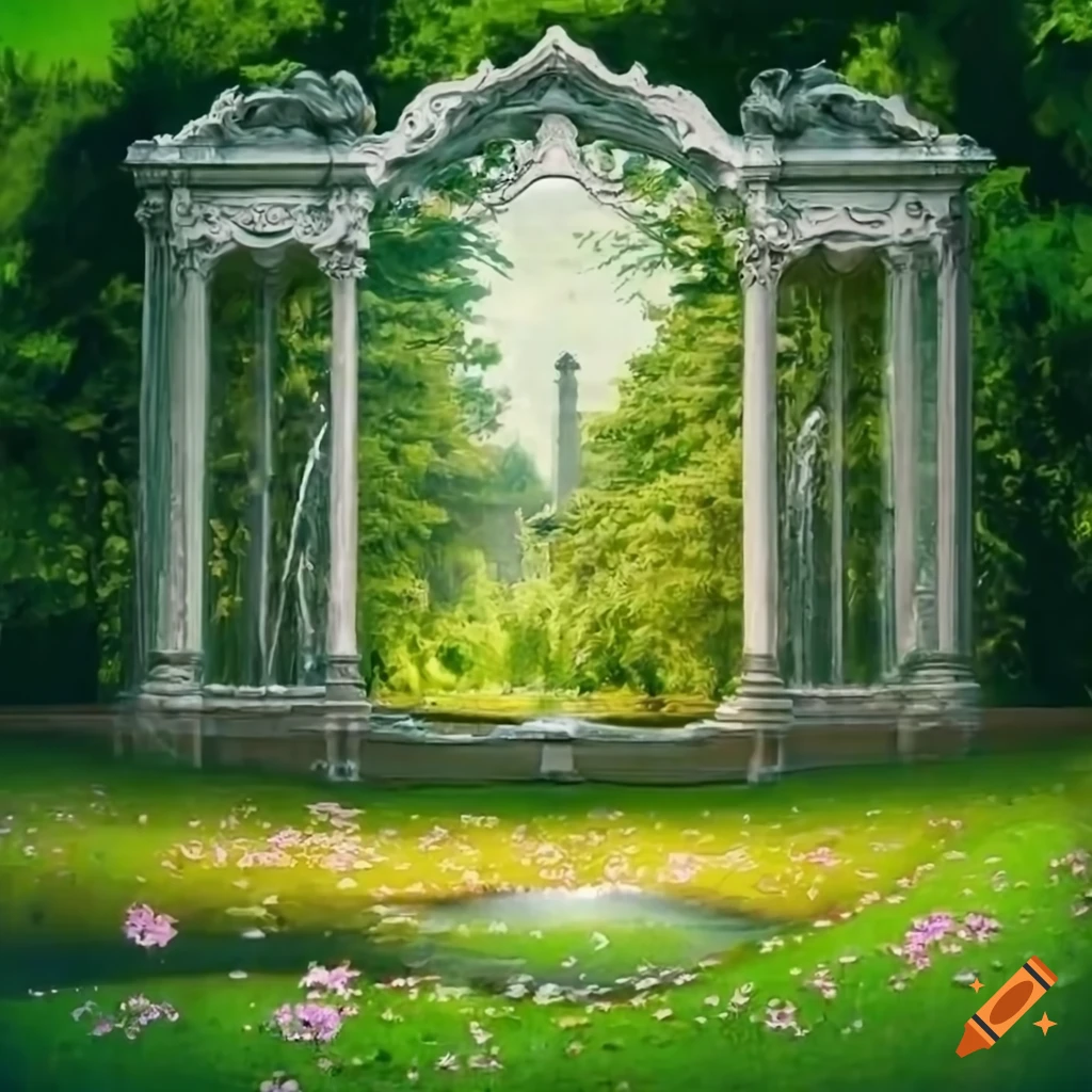 Rococo park with a brook and fountain on Craiyon