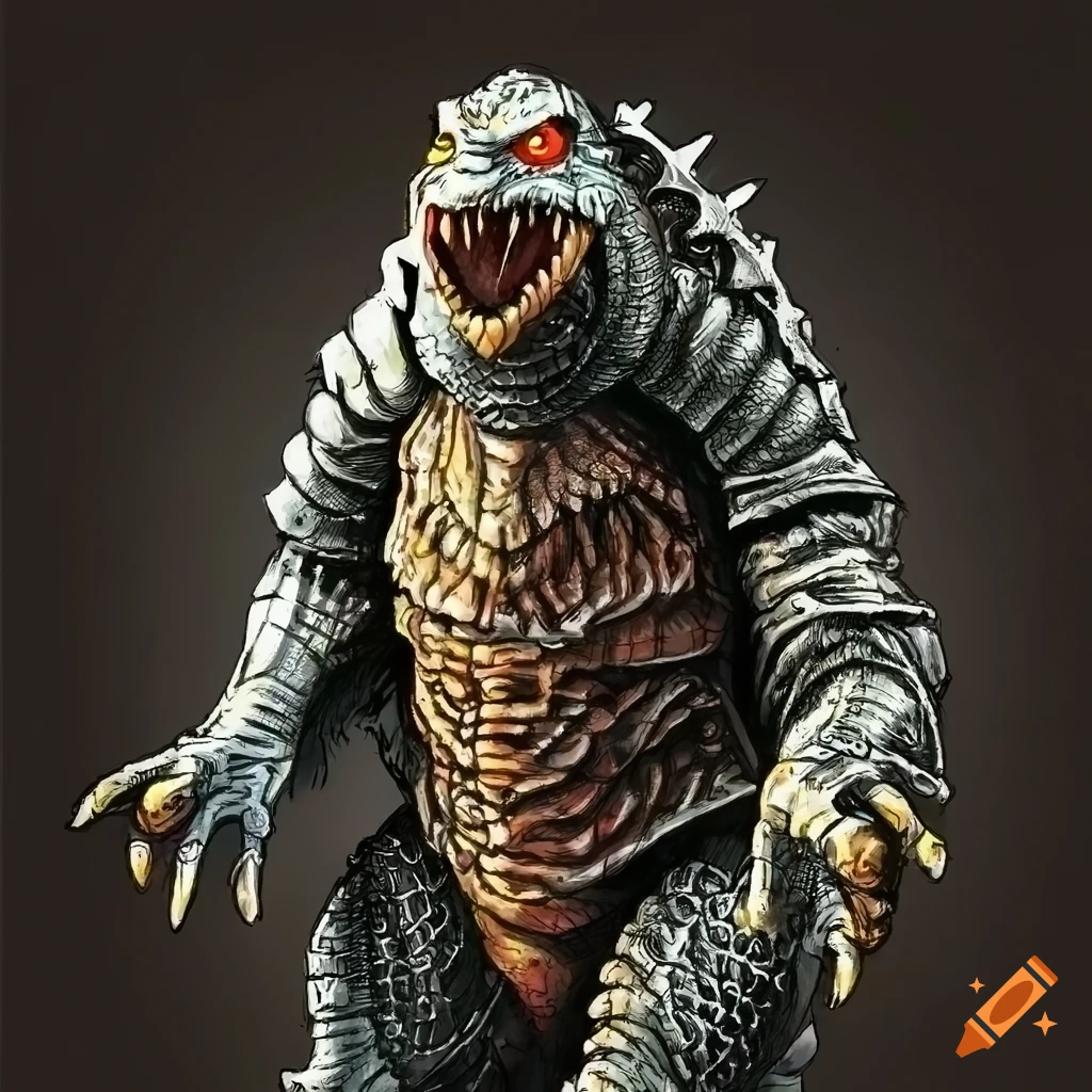 detailed illustration of Gamera and a Cylon Centurion in a labyrinth