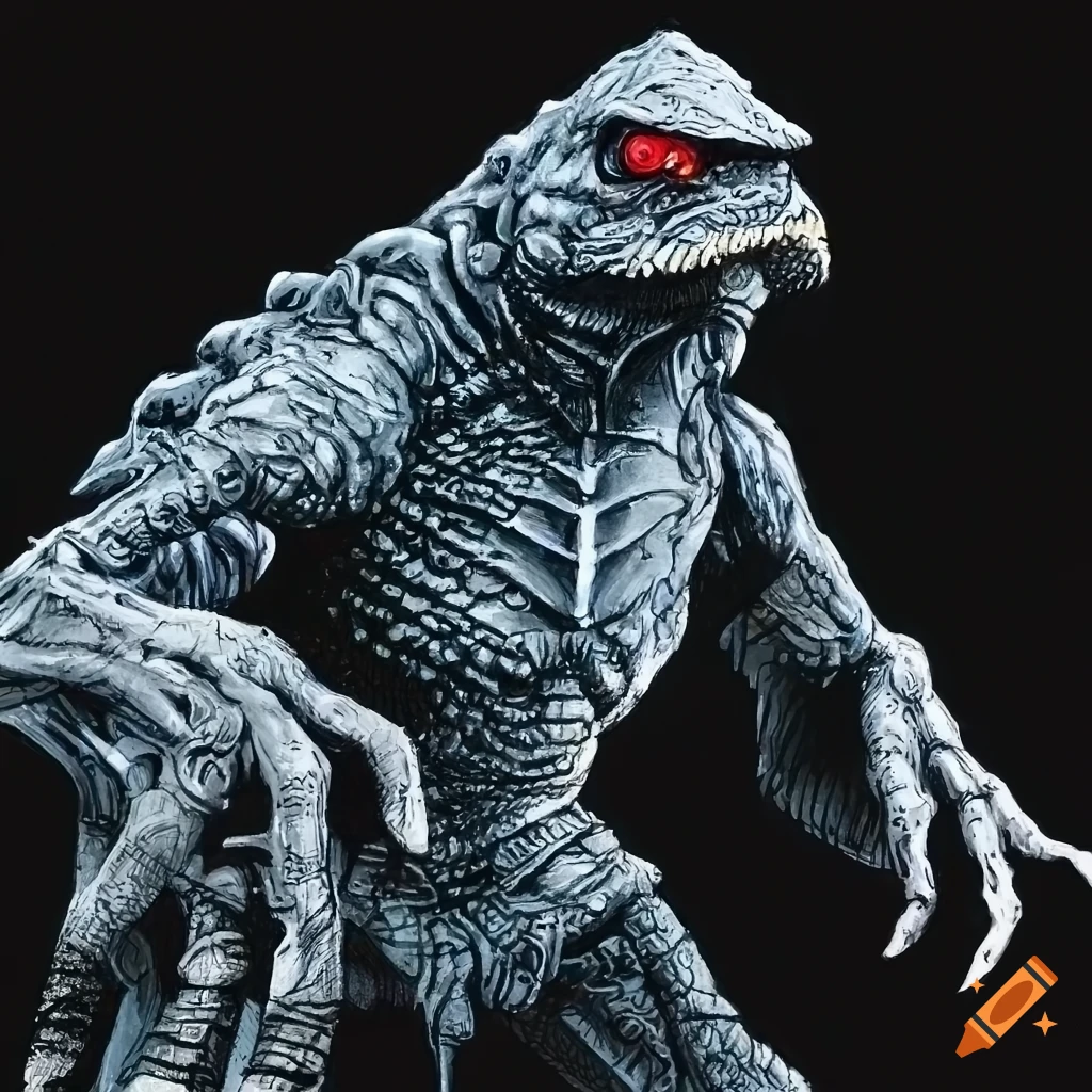 detailed illustration of Gamera and a Cylon Centurion in a labyrinth