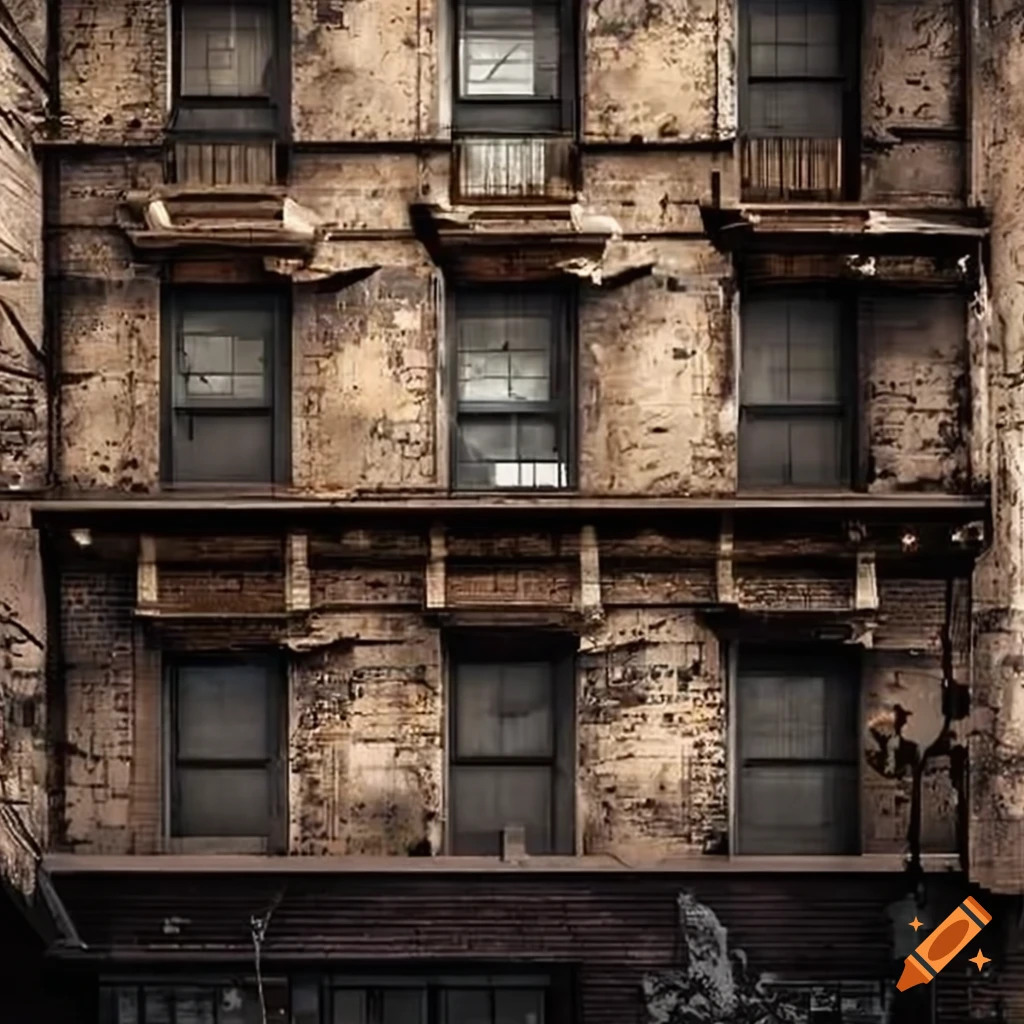 gritty depiction of a weathered storefront facade in an urban environment
