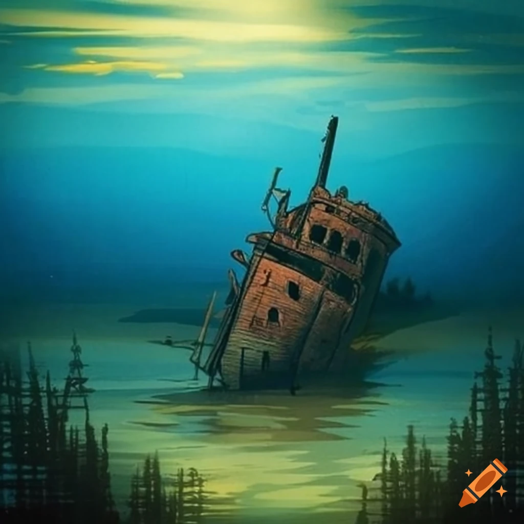 shipwreck on a peaceful lake