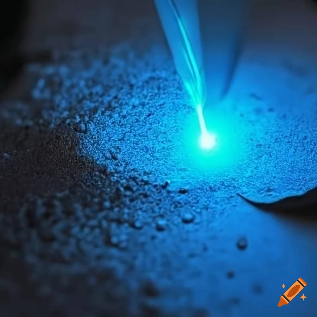 close-up of blue lasers melting metal powder