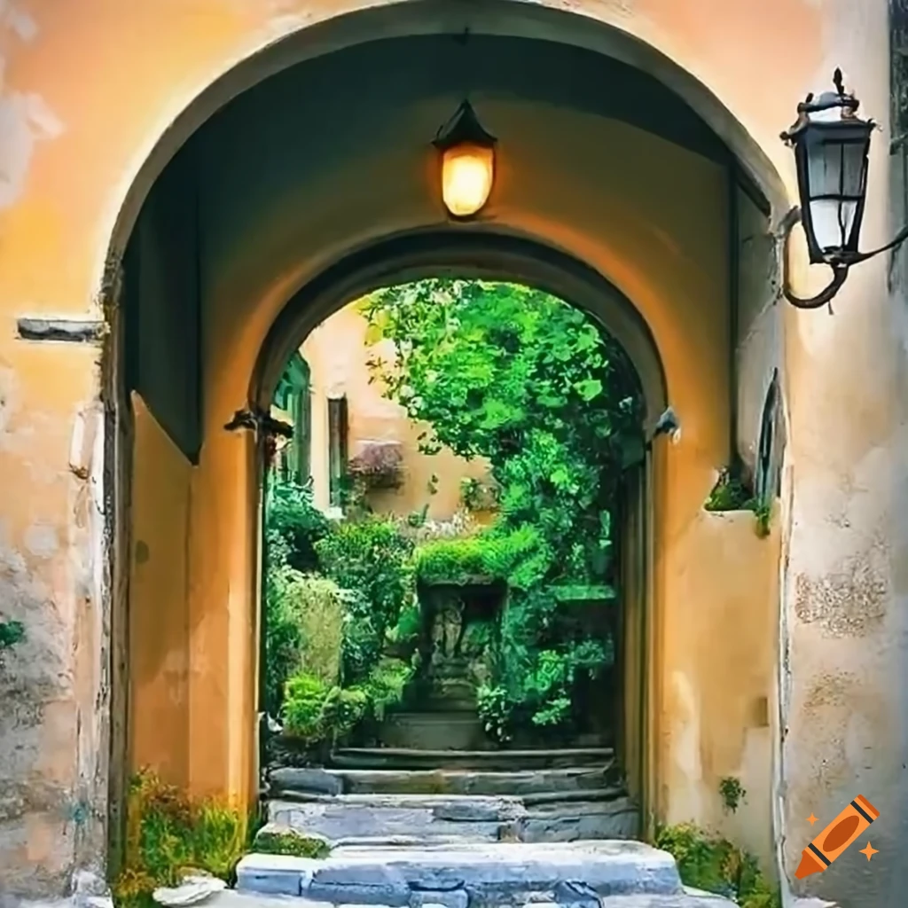 Italian courtyard with a beautiful archway and flowers