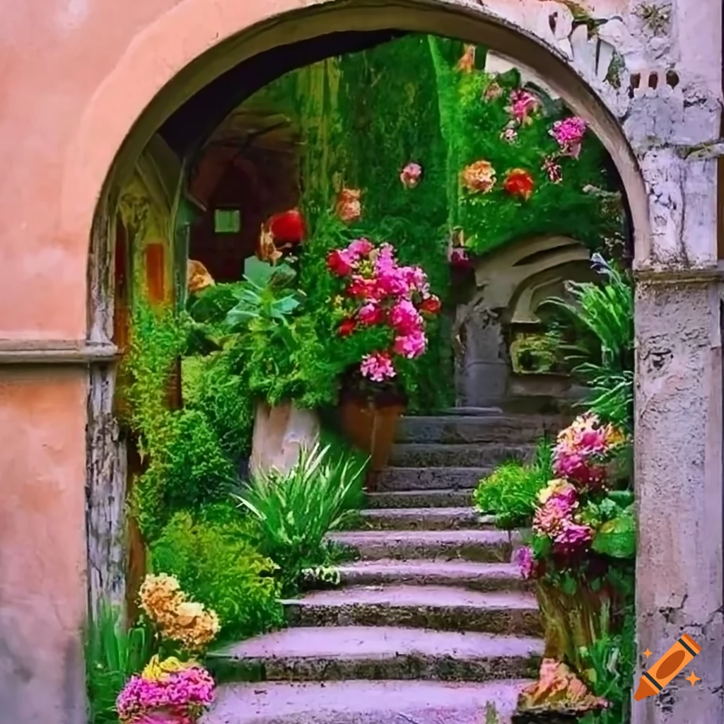 charming Italian courtyard with archway and flowers