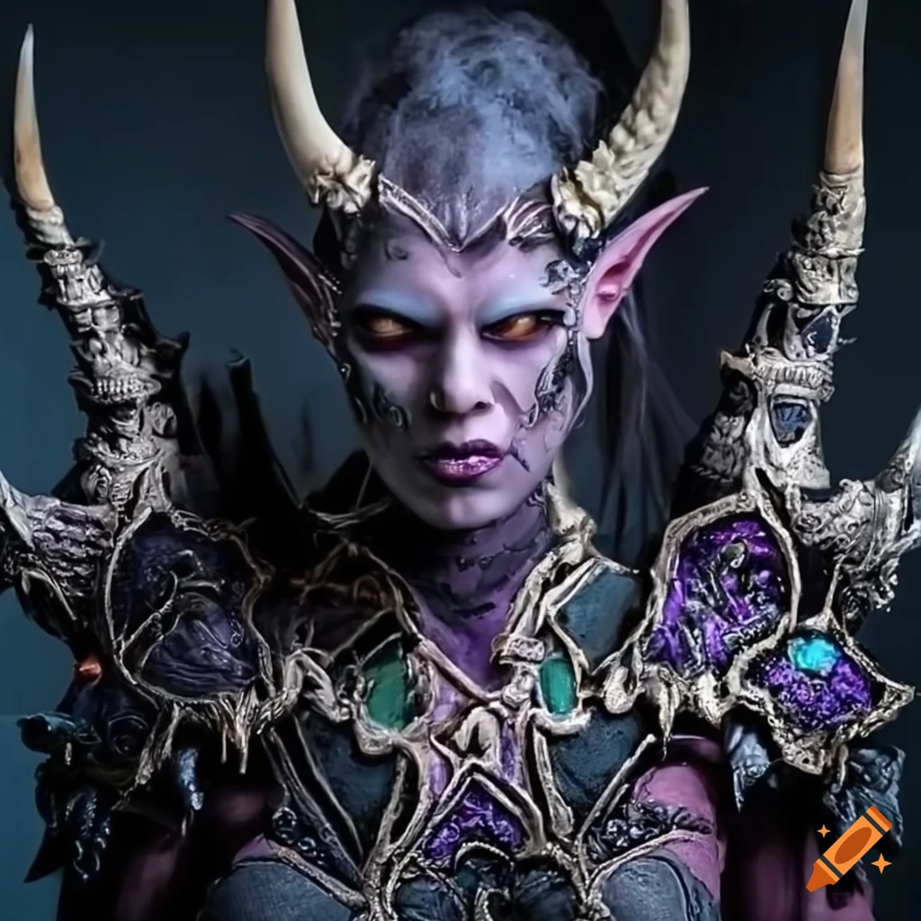 detailed illustration of a horned dark elf with a plasma crown