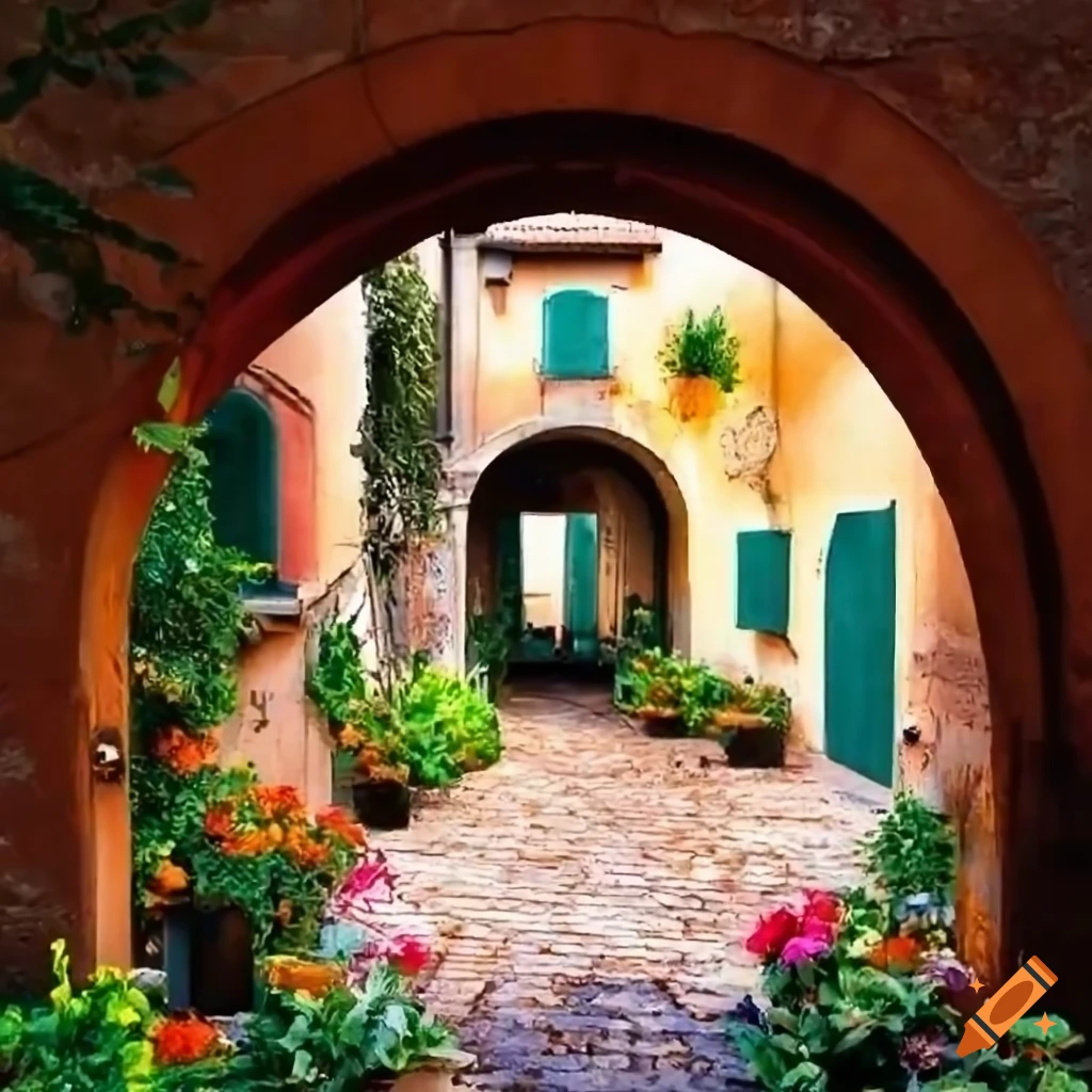 charming Italian courtyard with colorful flowers