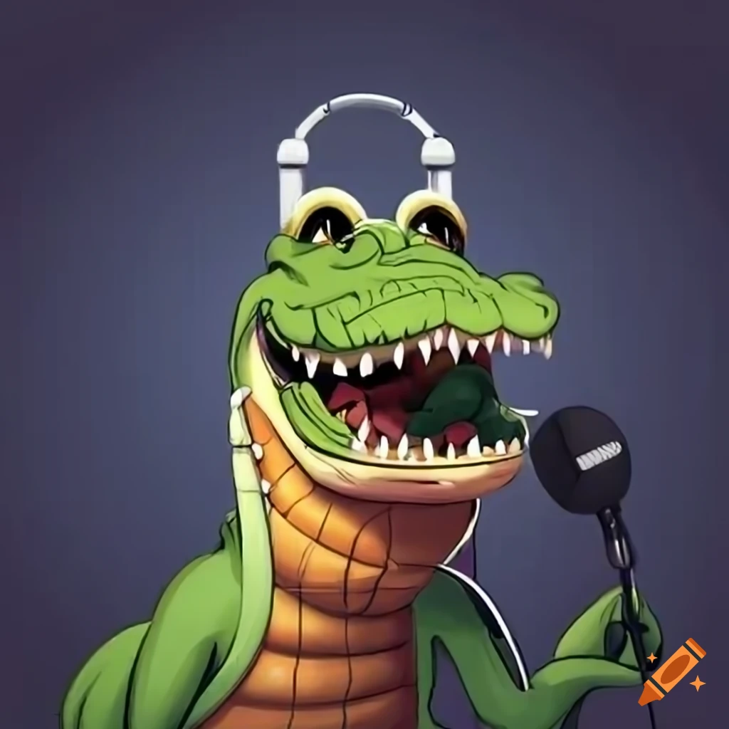 alligator wearing headphones and microphone