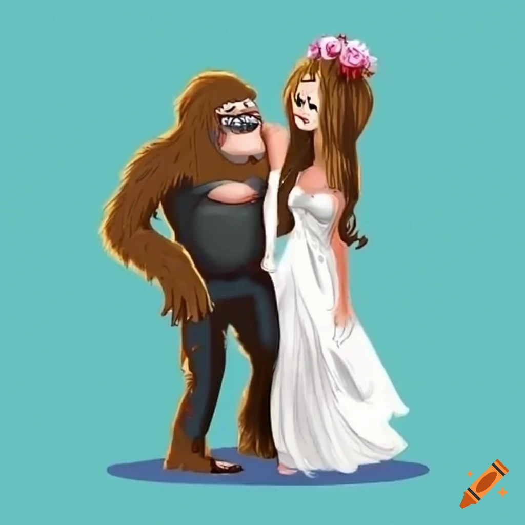 cartoon illustration of a Bigfoot wedding