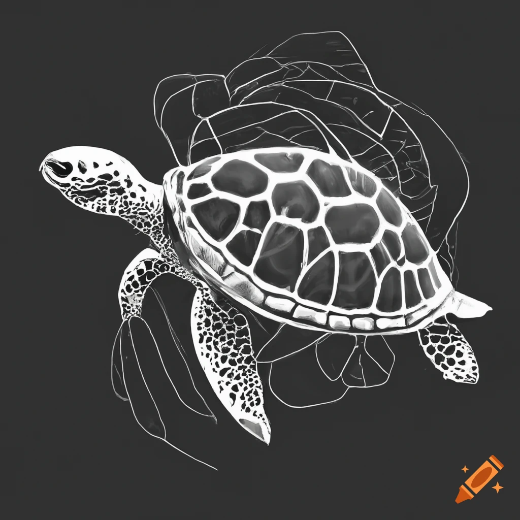stylized black and white sea turtle artwork