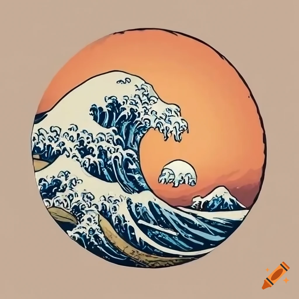 bonsai tree with Great Wave off Kanagawa painting in the background at sunset