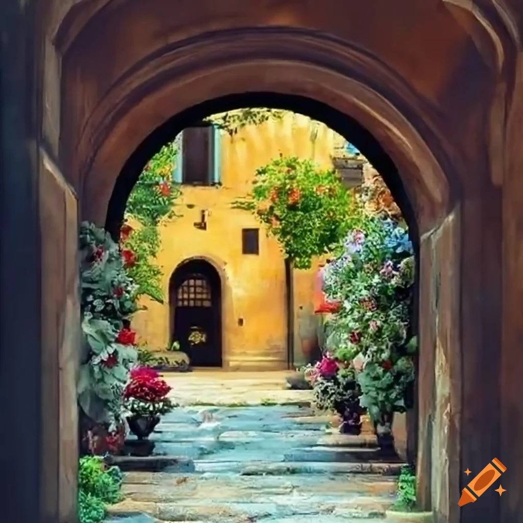 Florentine courtyard with archway and flowers