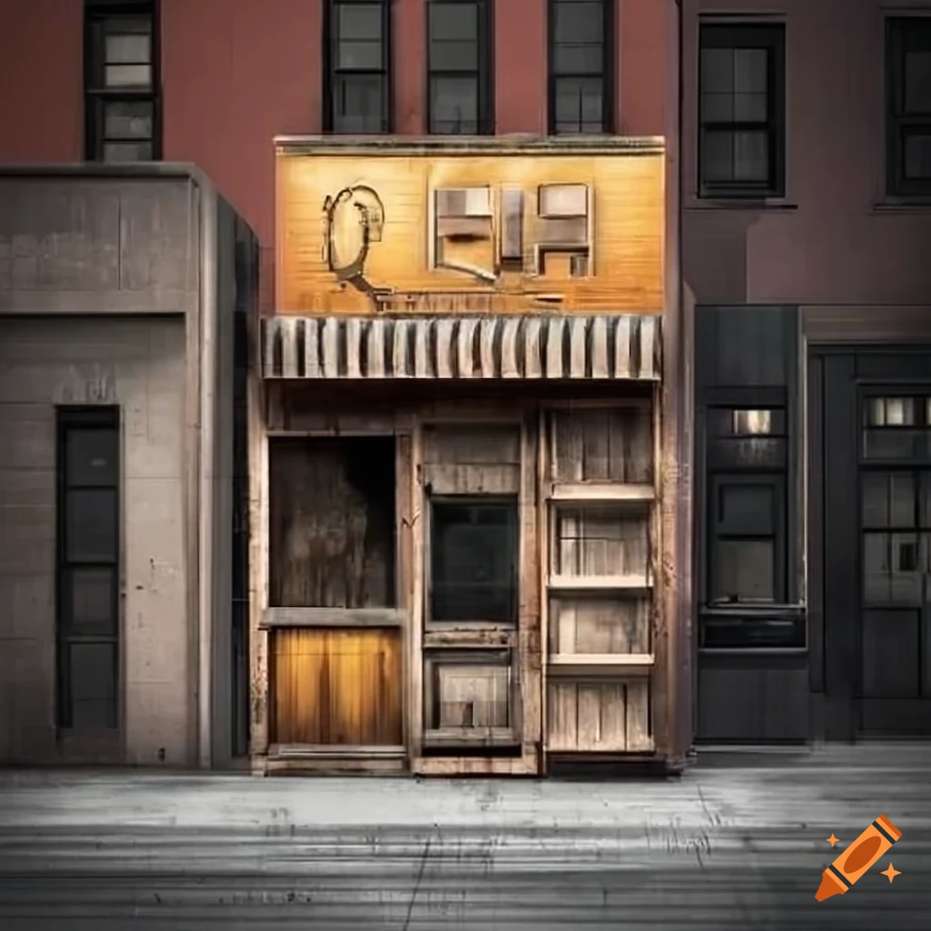 gritty depiction of a weathered storefront facade in an urban environment
