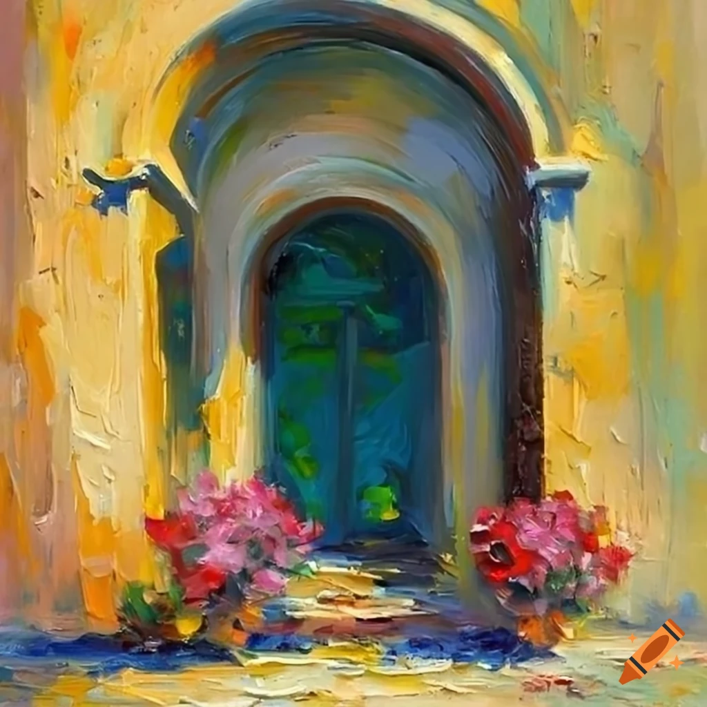 impressionist oil painting of an Italian courtyard