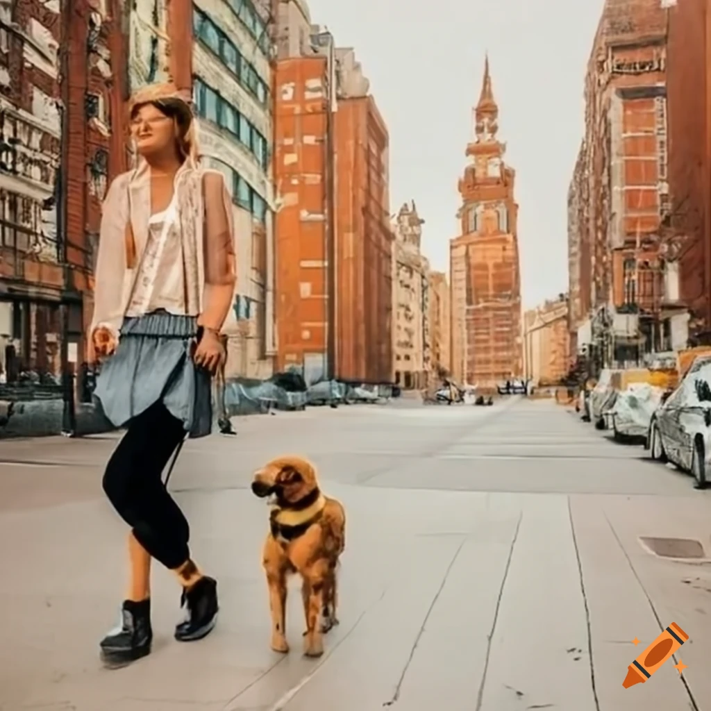 boho art of a woman walking her dog