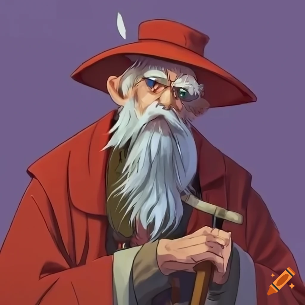 ghibli style illustration of a jovial old cleric with a shepherd's crook