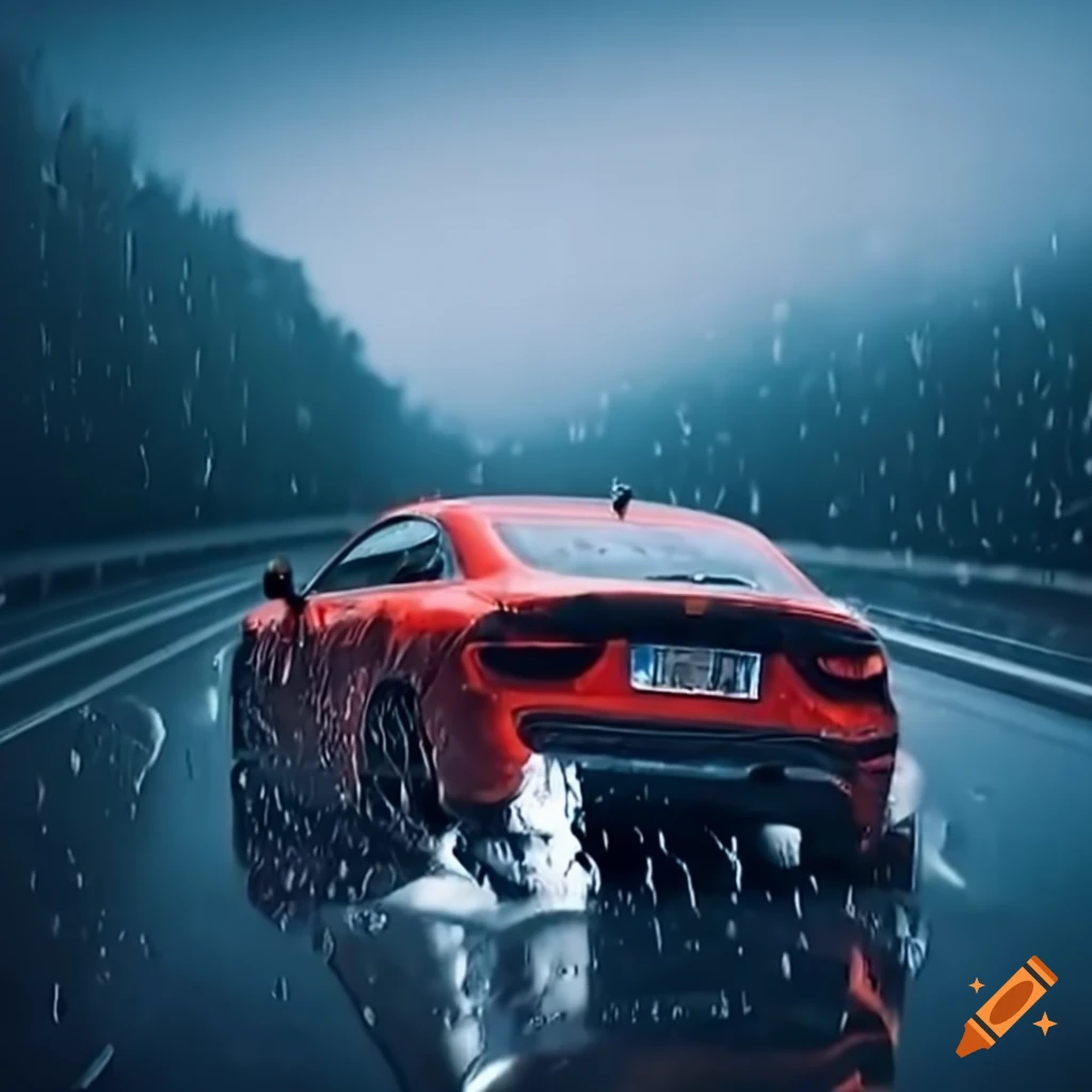 image of a truck and sports car in a near-miss on a rainy highway