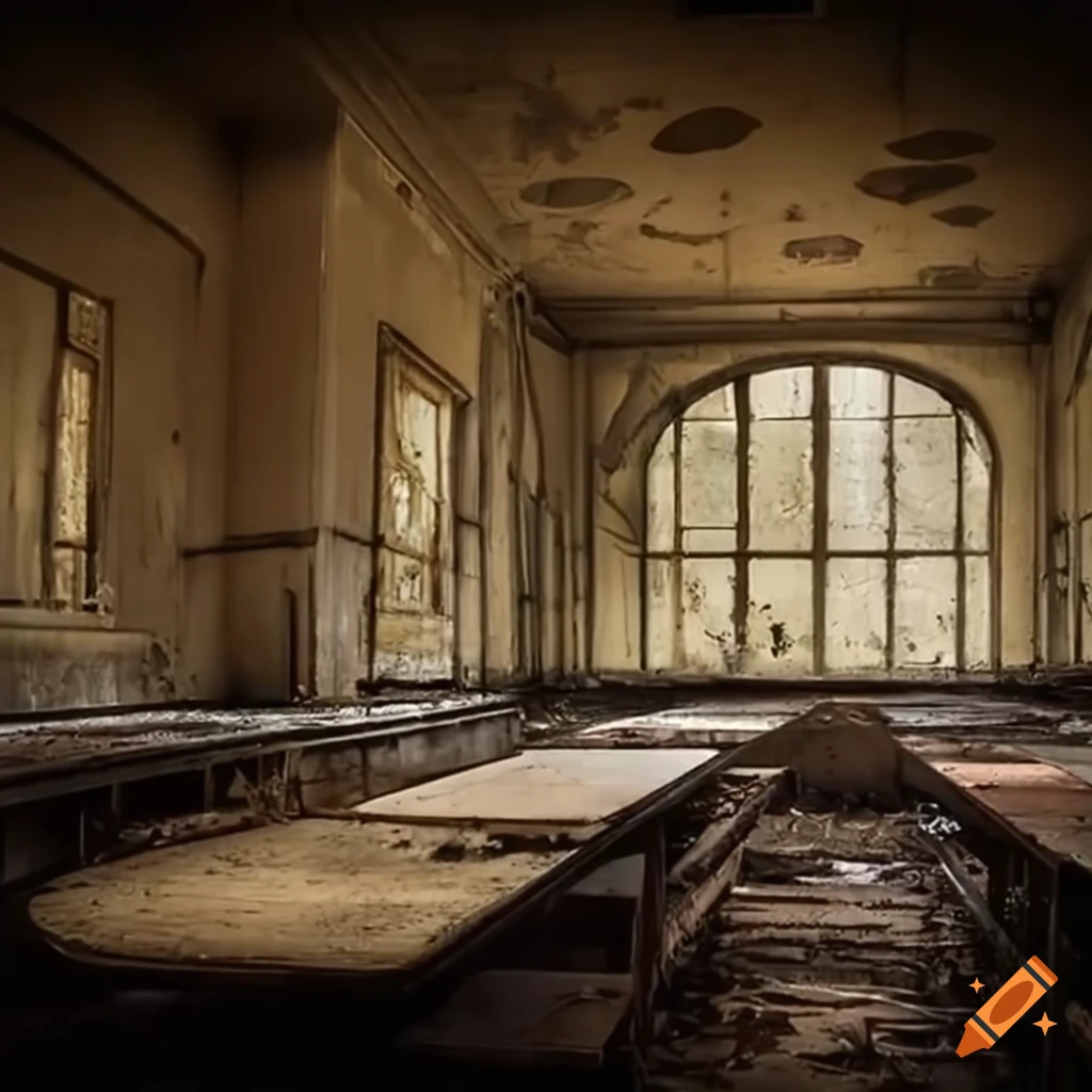 creepy abandoned cafeteria with dust and decay