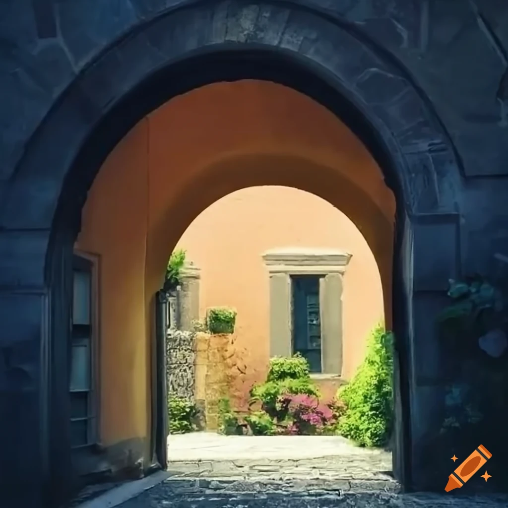 charming Italian courtyard with flowers and archway