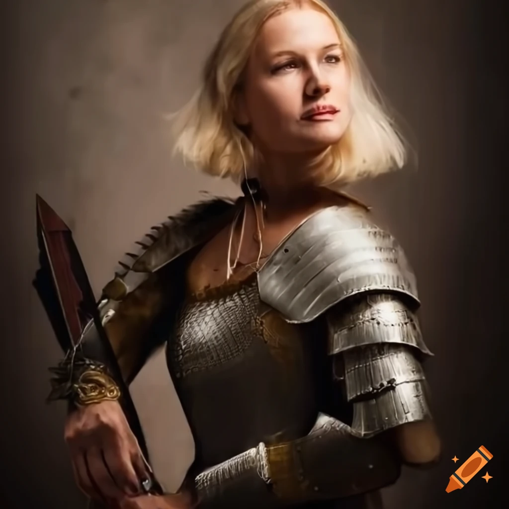 mature female medieval sailor in armor on her sailboat