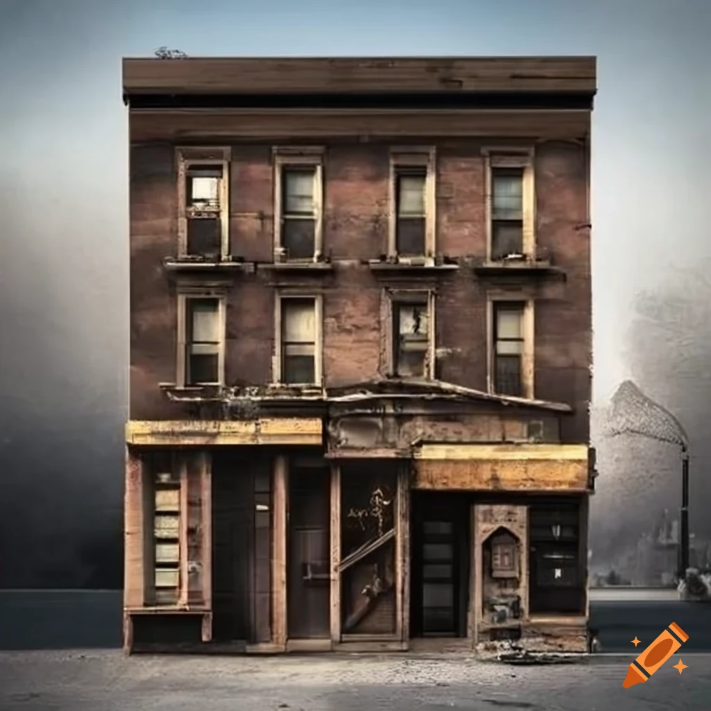 realistic depiction of a weathered storefront in an urban environment