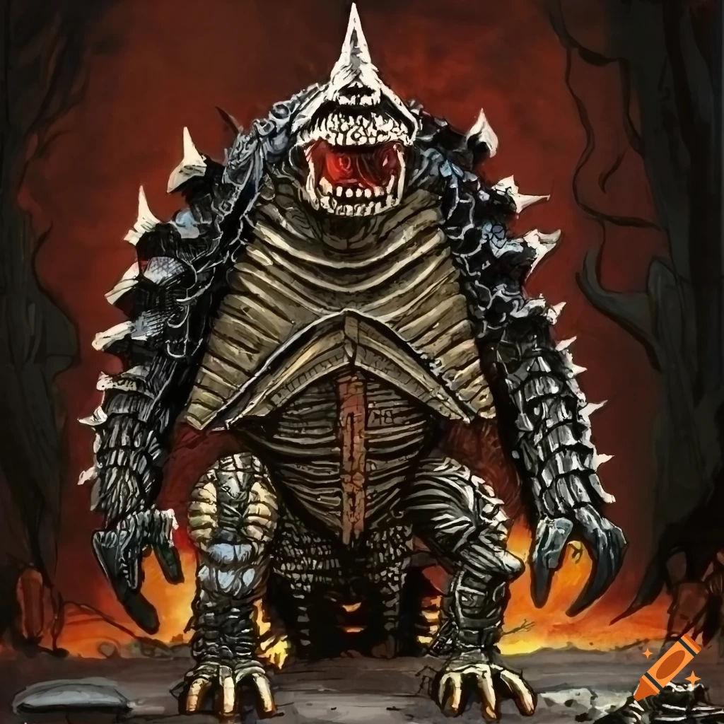 detailed artwork of Gamera and Cylon Centurion in a labyrinth