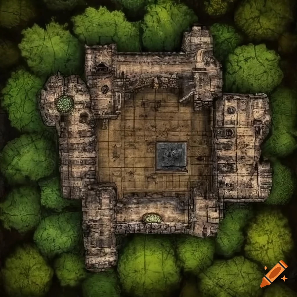 top view battlemap of a fortress in a forest