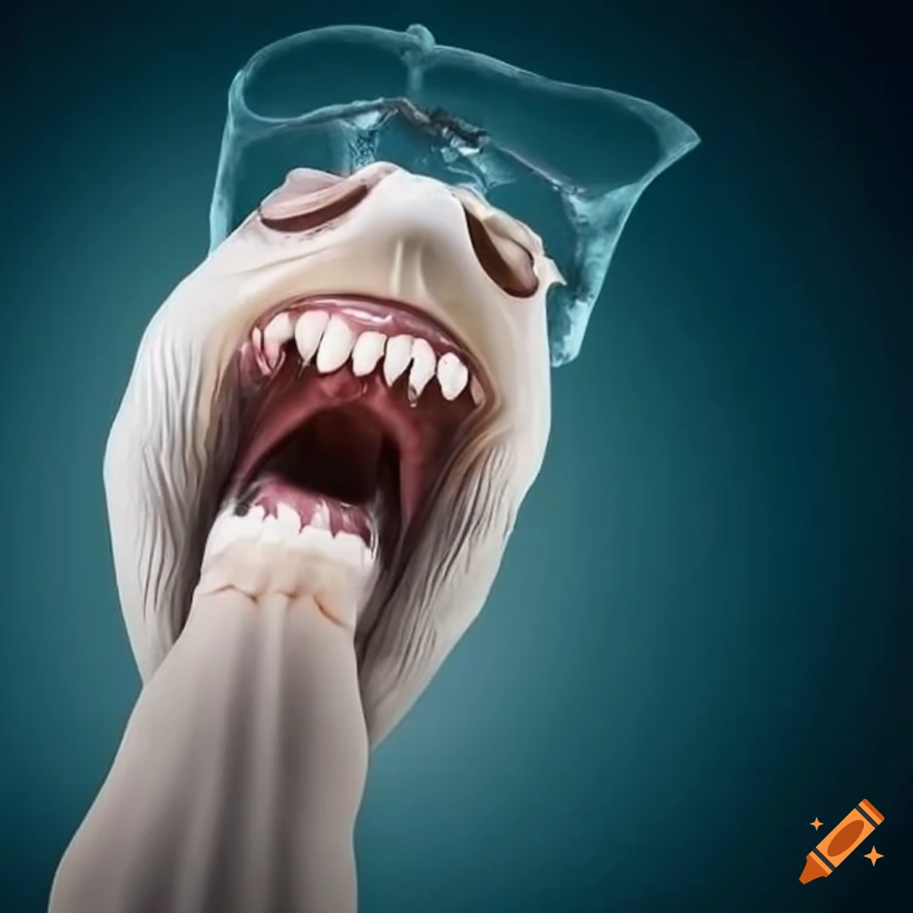 image of a giant pair of white false teeth in a business suit