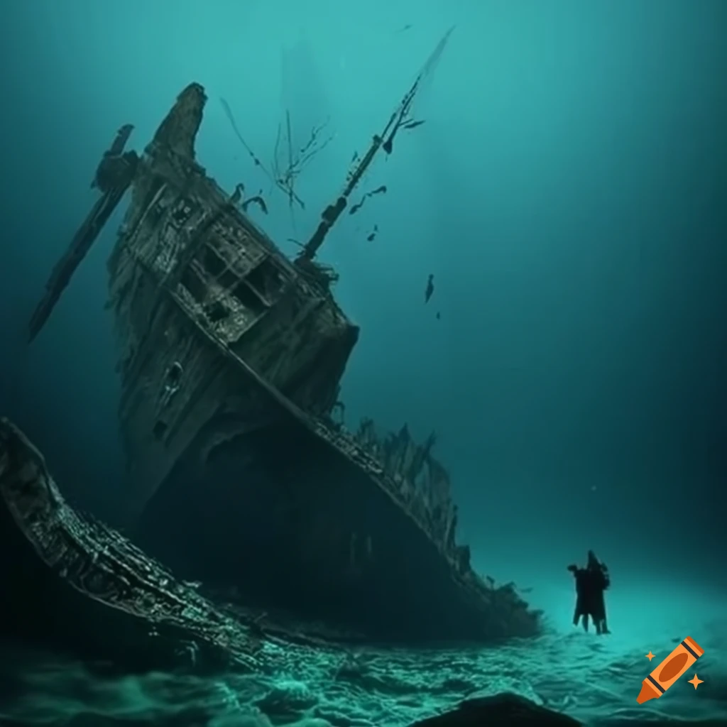 artistic depiction of a cursed shipwreck in dark waters