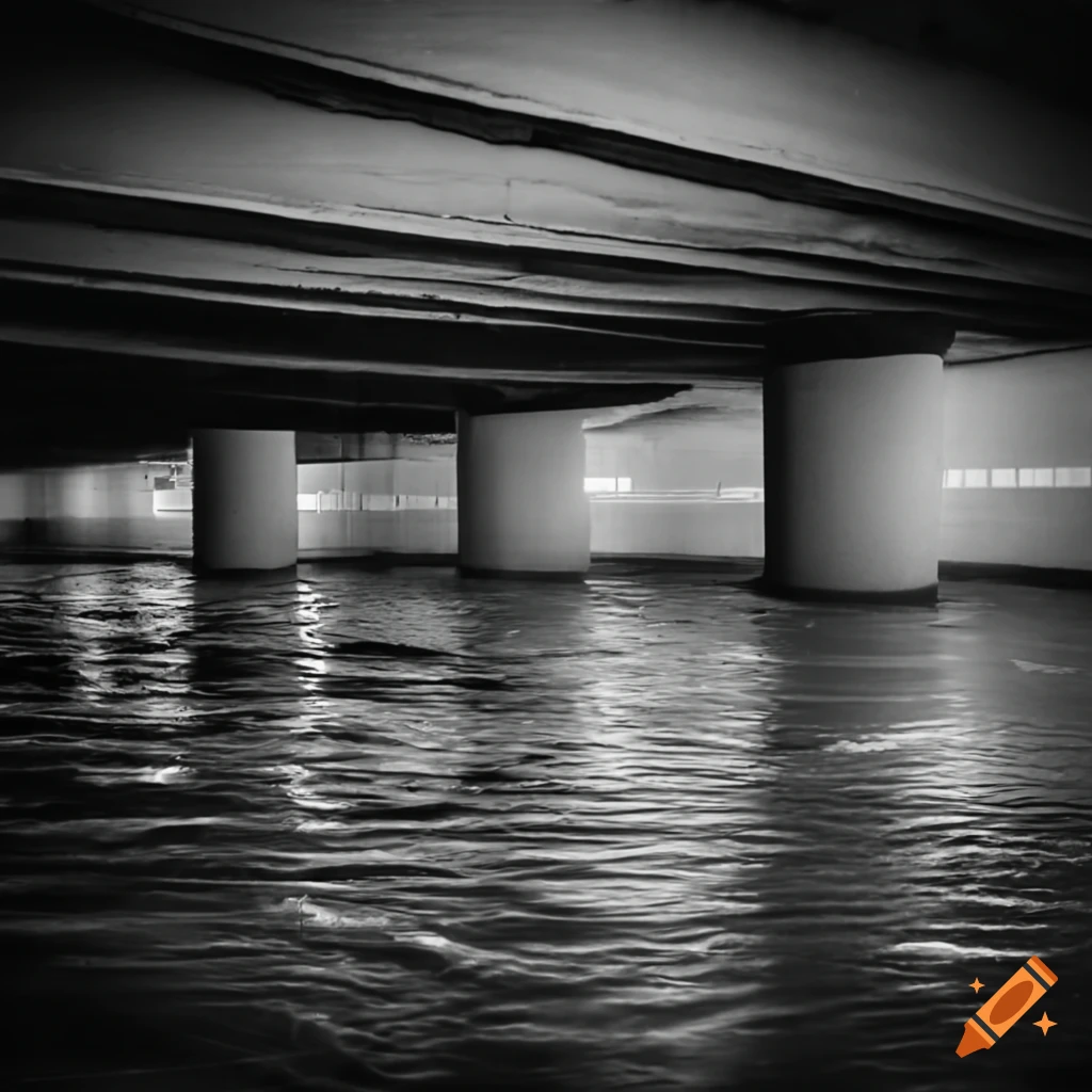 liminal flooded underground parking garage