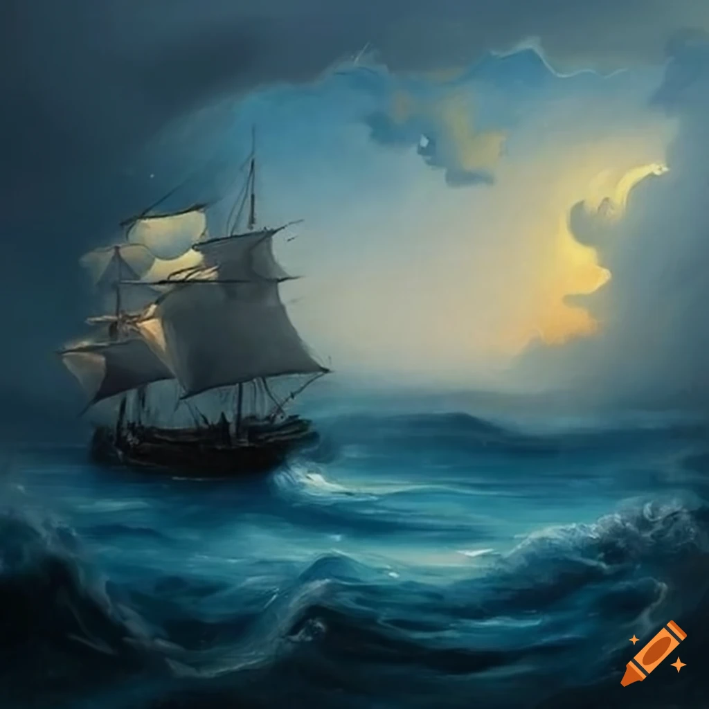 Romantic painting of a ship in stormy sea on Craiyon