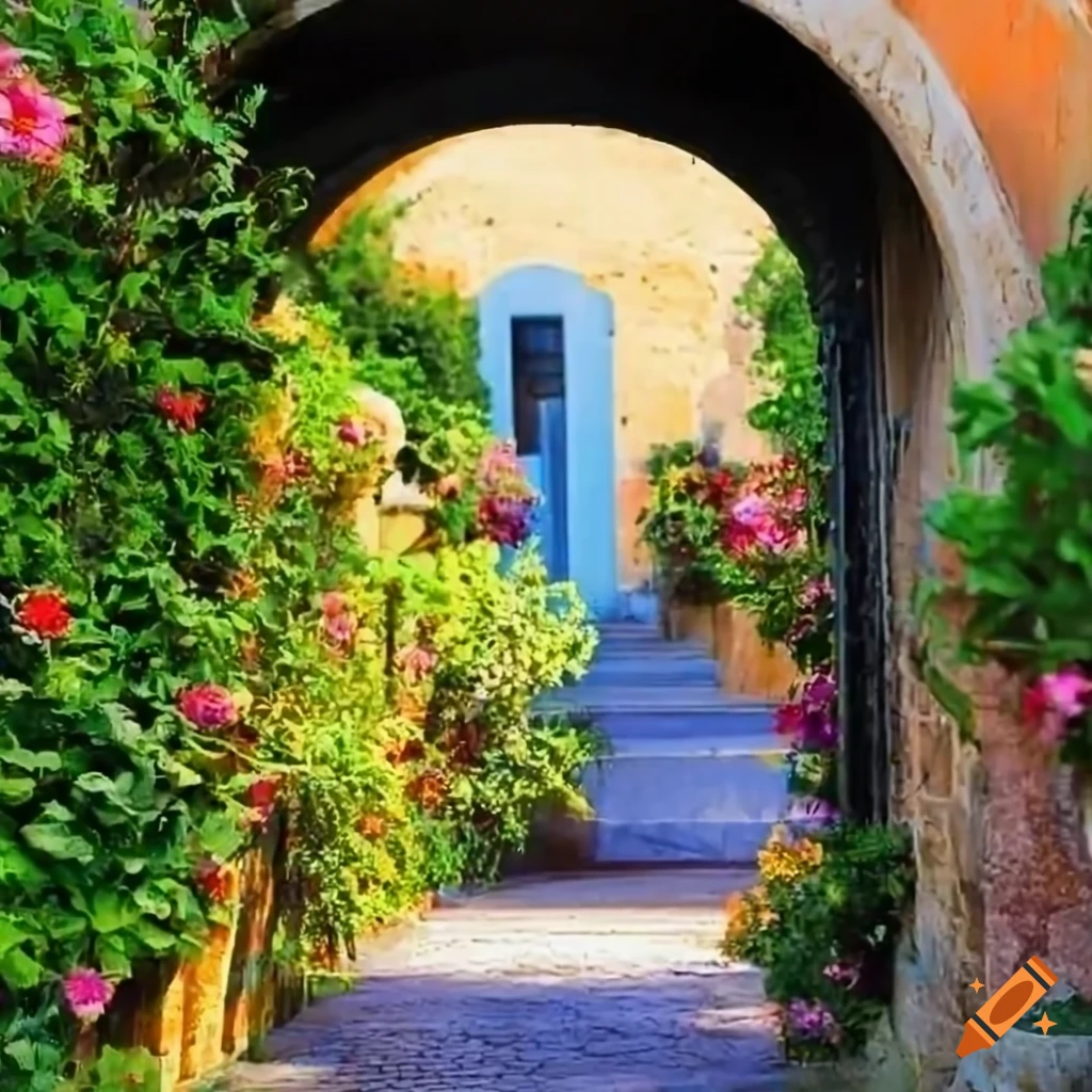 Italian courtyard with flowers and archway