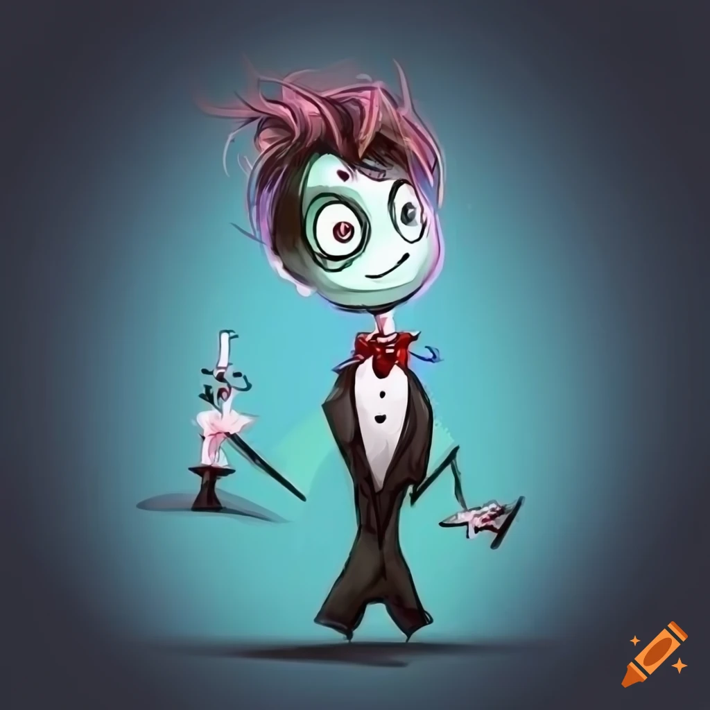 sketch of a cute smiling magician in Tim Burton style